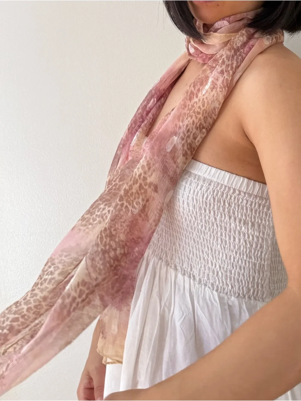 100% Silk Leopard Print White Polka Dot Lightweight Sheer Romantic Pink Scarf